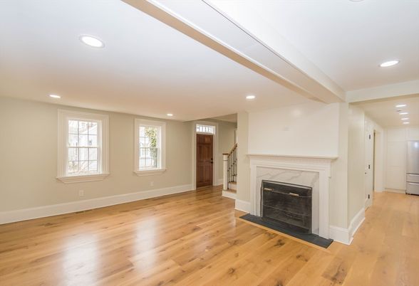 Empty room, Fireplace, Interior, Recessed Lighting, Wood Texture Flooring