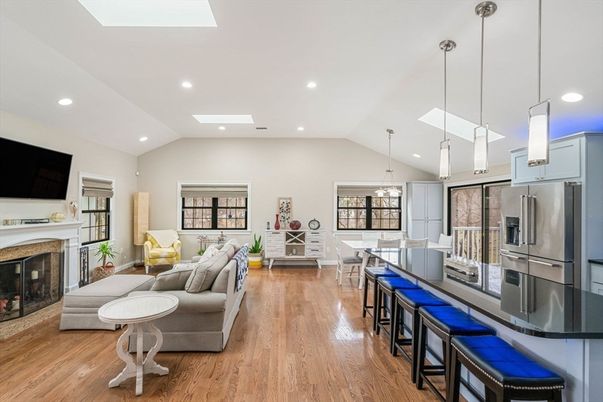 Dining room, Fireplace, Interior, Kitchen, Living room, Pendant Lights, Recessed Lighting, Wood Texture Flooring
