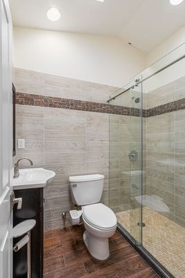 Bathroom, Glass Shower, Interior, Recessed Lighting, Wood Texture Flooring