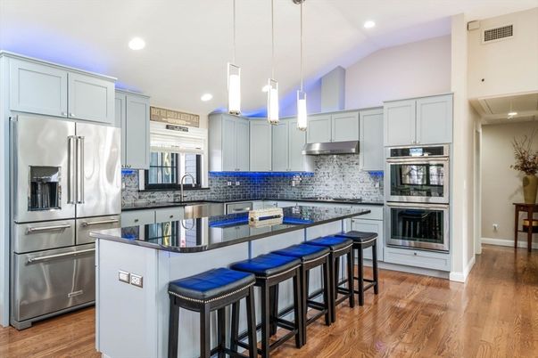 Interior, Kitchen, Pendant Lights, Recessed Lighting, Stainless Steel Appliances, Wood Texture Flooring