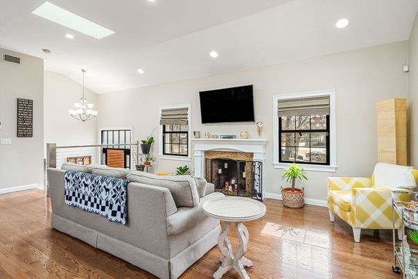 Chandelier, Fireplace, Interior, Living room, Recessed Lighting, Wood Texture Flooring