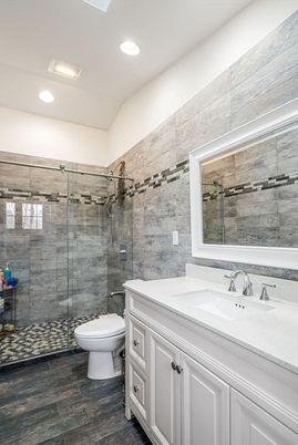 Bathroom, Glass Shower, Interior, Recessed Lighting, Wood Texture Flooring