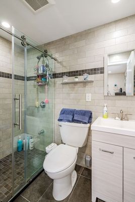 Bathroom, Glass Shower, Interior, Recessed Lighting, Stone Walls