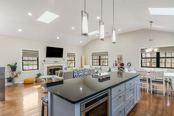 Dining room, Fireplace, Interior, Kitchen, Living room, Pendant Lights, Recessed Lighting, Wood Texture Flooring