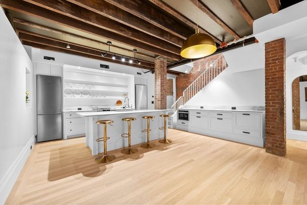 Interior, Kitchen, Pendant Lights, Stainless Steel Appliances, Stone Walls, Wooden Beams, Wood Texture Flooring