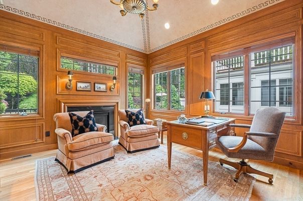Fireplace, Home Office, Interior, Recessed Lighting, Wood Texture Flooring, Wooden Walls