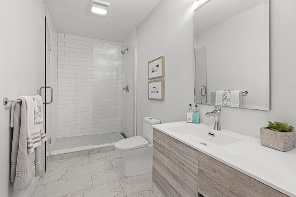 Bathroom, Glass Shower, Interior, Marble, Recessed Lighting