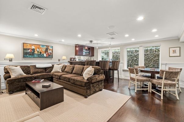 Dining room, Interior, Living room, Pendant Lights, Recessed Lighting, Wood Texture Flooring
