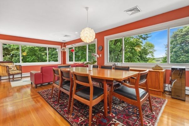 Dining room, Interior, Pendant Lights, Recessed Lighting, Wood Texture Flooring