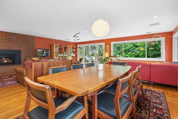Dining room, Fireplace, Interior, Living room, Pendant Lights, Recessed Lighting, Stone Walls, Wood Texture Flooring