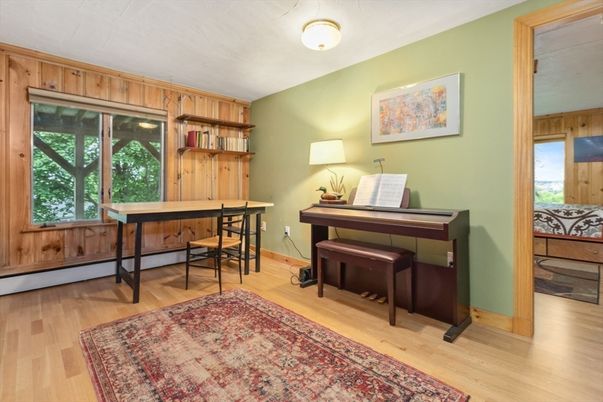 Home Office, Interior, Piano, Wood Texture Flooring, Wooden Walls