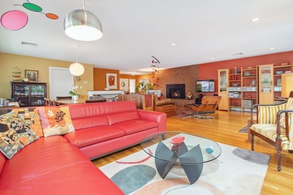 Fireplace, Interior, Living room, Pendant Lights, Recessed Lighting, Stone Walls, Wood Texture Flooring