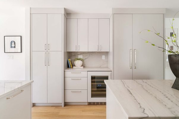 Interior, Kitchen, Marble Walls, Stainless Steel Appliances, Wood Texture Flooring
