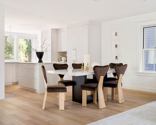 Dining room, Interior, Pendant Lights, Recessed Lighting, Wood Texture Flooring
