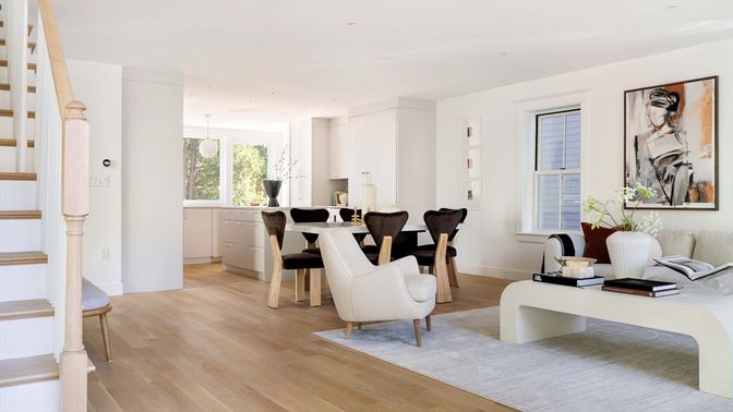Dining room, Interior, Kitchen, Pendant Lights, Recessed Lighting, Wood Texture Flooring