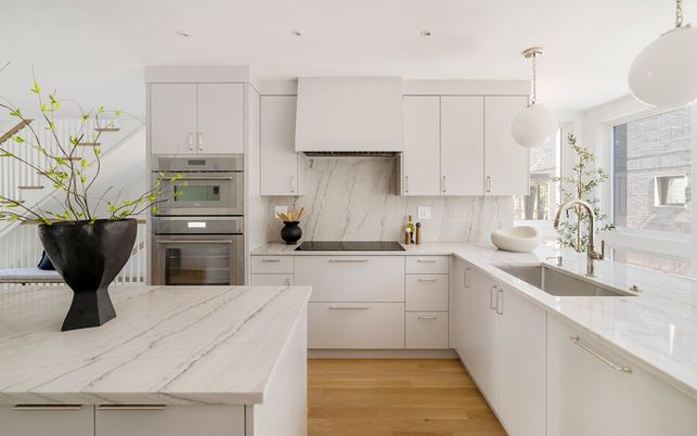 Interior, Kitchen, Marble Walls, Pendant Lights, Recessed Lighting, Stainless Steel Appliances, Wood Texture Flooring