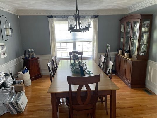 Dining room, Interior, Pendant Lights, Wood Texture Flooring