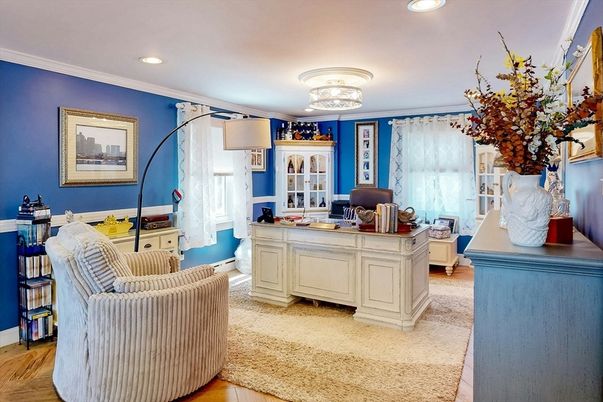 Chandelier, Home Office, Interior, Recessed Lighting, Wood Texture Flooring