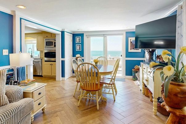 Dining room, Interior, Kitchen, Recessed Lighting, Stainless Steel Appliances, Water, Wood Texture Flooring