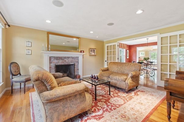 Dining room, Fireplace, Interior, Living room, Pendant Lights, Piano, Recessed Lighting, Wood Texture Flooring