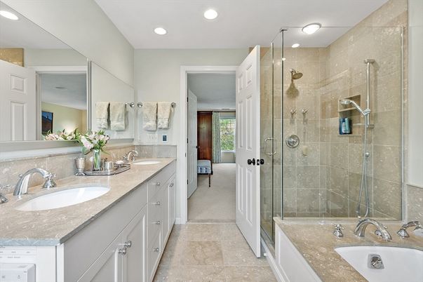 Bathroom, Dual Sink Vanities, Glass Shower, Interior, Recessed Lighting