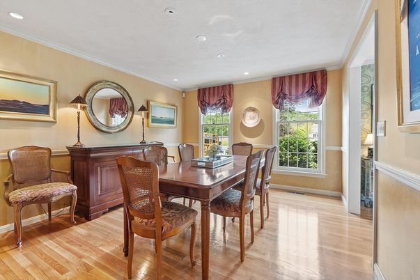 Dining room, Interior, Recessed Lighting, Wood Texture Flooring