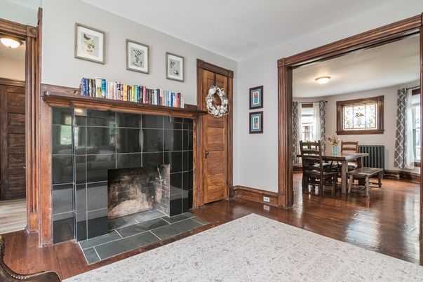 Dining room, Fireplace, Interior, Wood Texture Flooring