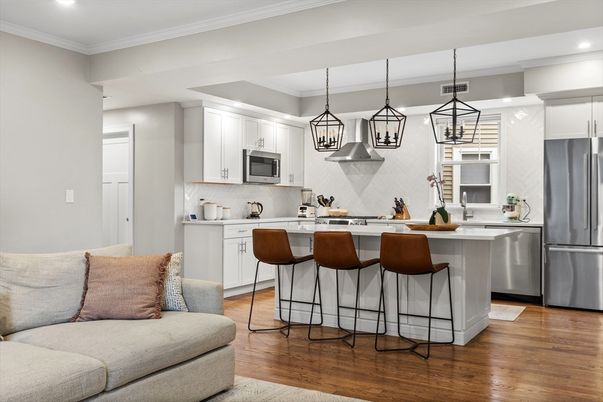 Interior, Kitchen, Pendant Lights, Recessed Lighting, Stainless Steel Appliances, Wood Texture Flooring