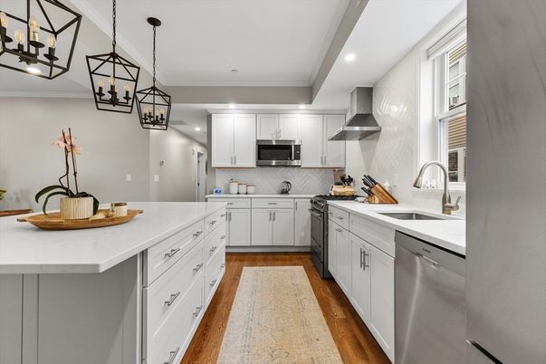 Interior, Kitchen, Pendant Lights, Recessed Lighting, Stainless Steel Appliances, Wood Texture Flooring