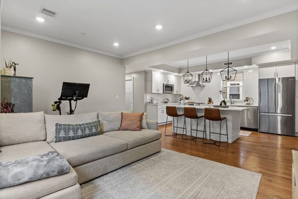 Interior, Kitchen, Living room, Pendant Lights, Recessed Lighting, Stainless Steel Appliances, Wood Texture Flooring