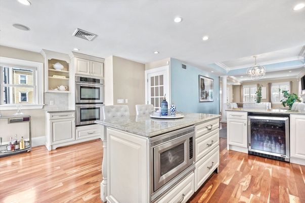 Chandelier, Interior, Kitchen, Recessed Lighting, Stainless Steel Appliances, Wood Texture Flooring