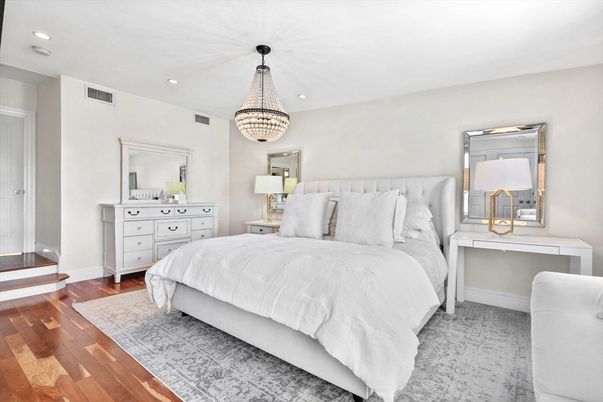 Bedroom, Chandelier, Interior, Recessed Lighting, Wood Texture Flooring