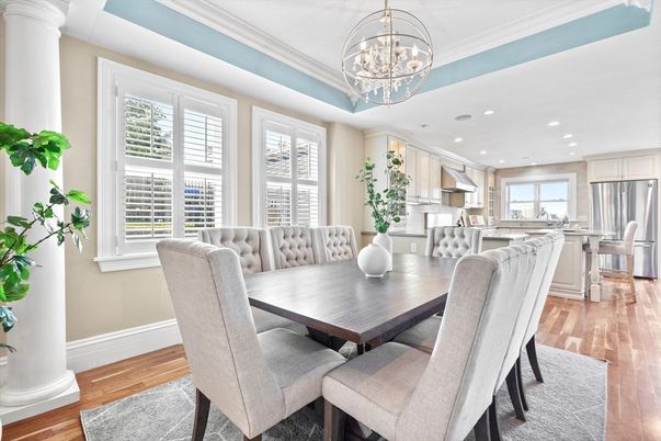 Chandelier, Dining room, Interior, Kitchen, Recessed Lighting, Wood Texture Flooring