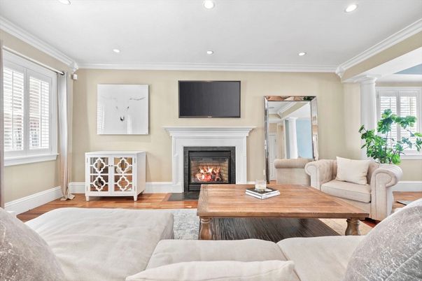 Fireplace, Interior, Living room, Recessed Lighting, Wood Texture Flooring