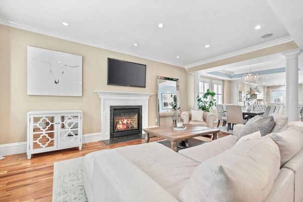 Chandelier, Dining room, Fireplace, Interior, Living room, Recessed Lighting, Wood Texture Flooring