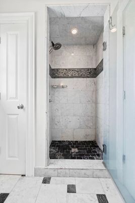 Bathroom, Glass Shower, Interior, Marble, Marble Walls, Recessed Lighting
