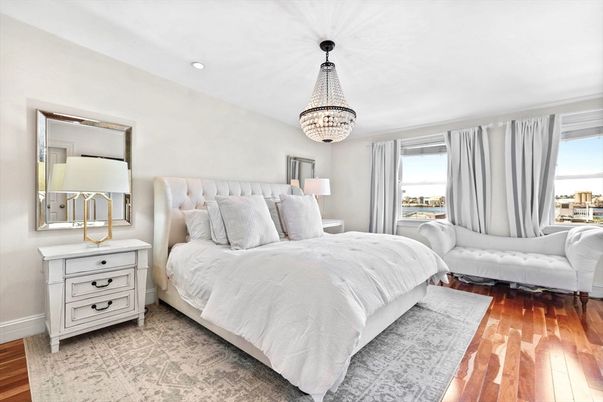 Bedroom, Chandelier, Interior, Recessed Lighting, Wood Texture Flooring