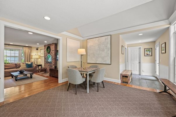 Dining room, Interior, Living room, Recessed Lighting, Stone Walls, Wood Texture Flooring