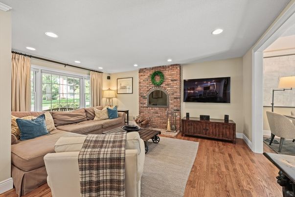 Interior, Living room, Recessed Lighting, Stone Walls, Wood Texture Flooring