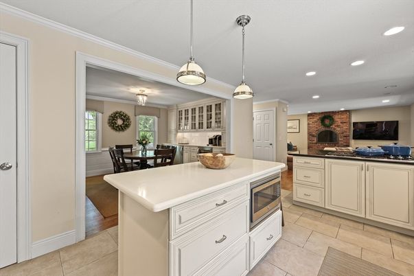 Dining room, Fireplace, Interior, Kitchen, Pendant Lights, Recessed Lighting, Stone Walls