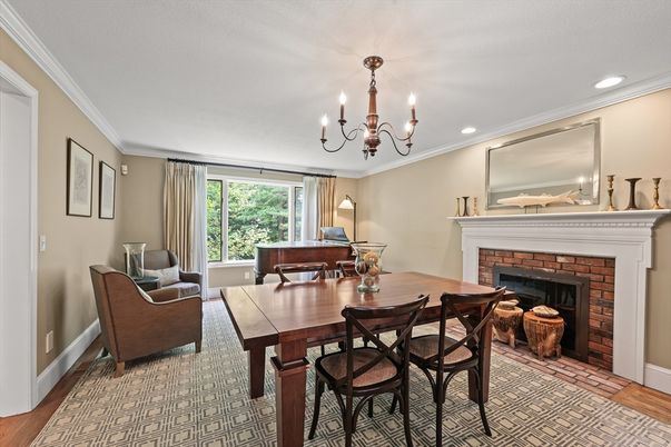Chandelier, Dining room, Fireplace, Interior, Recessed Lighting, Wood Texture Flooring