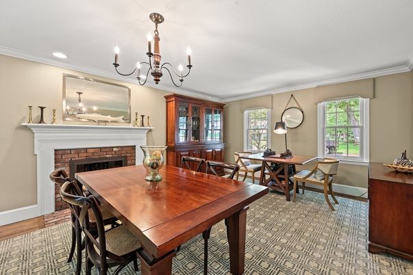 Chandelier, Dining room, Fireplace, Interior, Recessed Lighting, Wood Texture Flooring