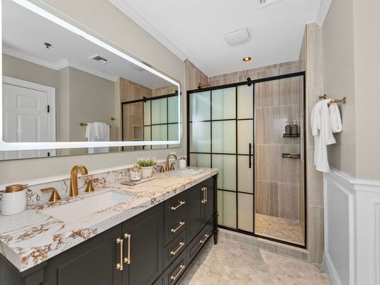 Bathroom, Dual Sink Vanities, Glass Shower, Interior, Recessed Lighting