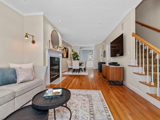 Dining room, Fireplace, Interior, Living room, Recessed Lighting, Wood Texture Flooring