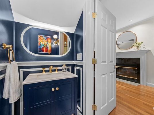 Bathroom, Fireplace, Interior, Recessed Lighting, Wood Texture Flooring