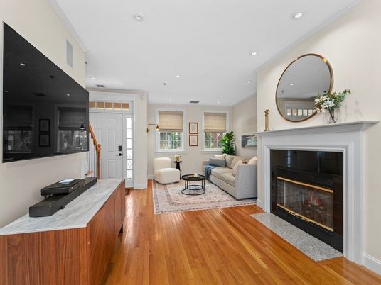 Fireplace, Interior, Living room, Recessed Lighting, Wood Texture Flooring