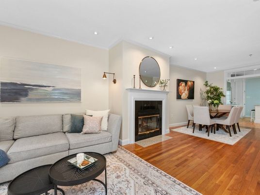 Dining room, Fireplace, Interior, Living room, Recessed Lighting, Wood Texture Flooring