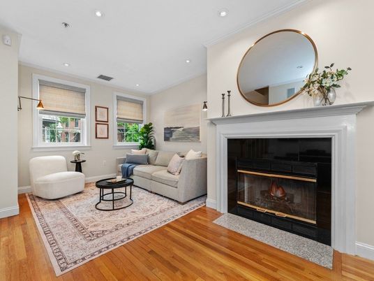 Fireplace, Interior, Living room, Recessed Lighting, Wood Texture Flooring
