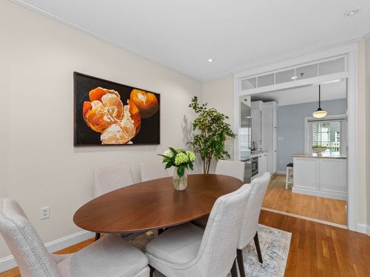 Dining room, Interior, Pendant Lights, Recessed Lighting, Wood Texture Flooring