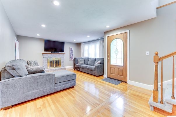 Fireplace, Interior, Living room, Recessed Lighting, Wood Texture Flooring